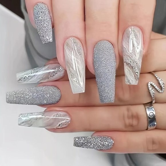 24 Pcs Long Ballerina Marble White And Gray Press On Reusable Nails - Picture 1 of 9